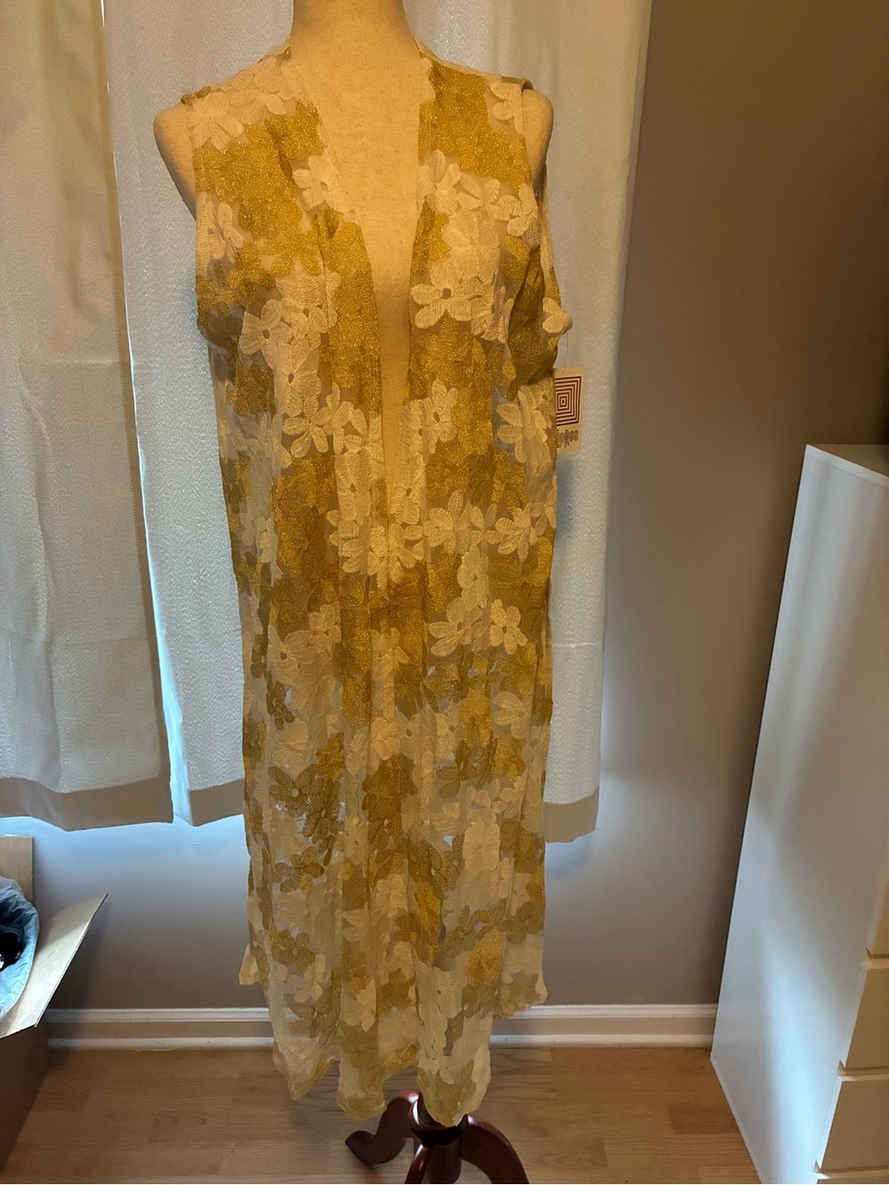 LuLaRoe Gold and Cream Floral Lace Maxi Vest